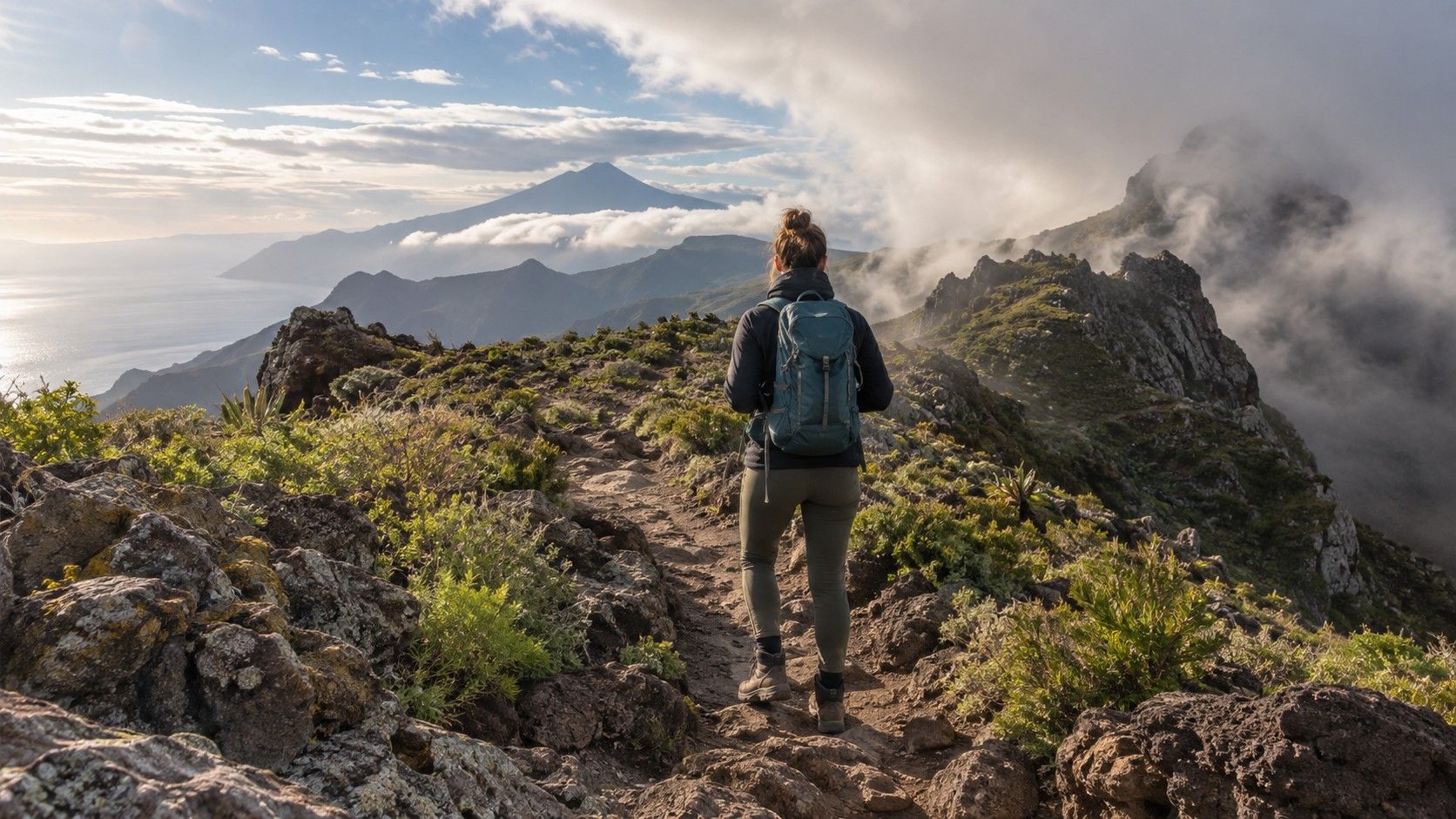 Hiker preparing for a Tenerife mountain trail
