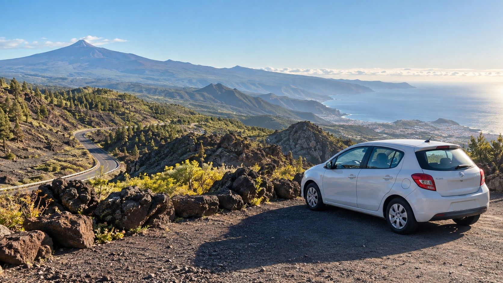 Tenerife mountain road with a rental car