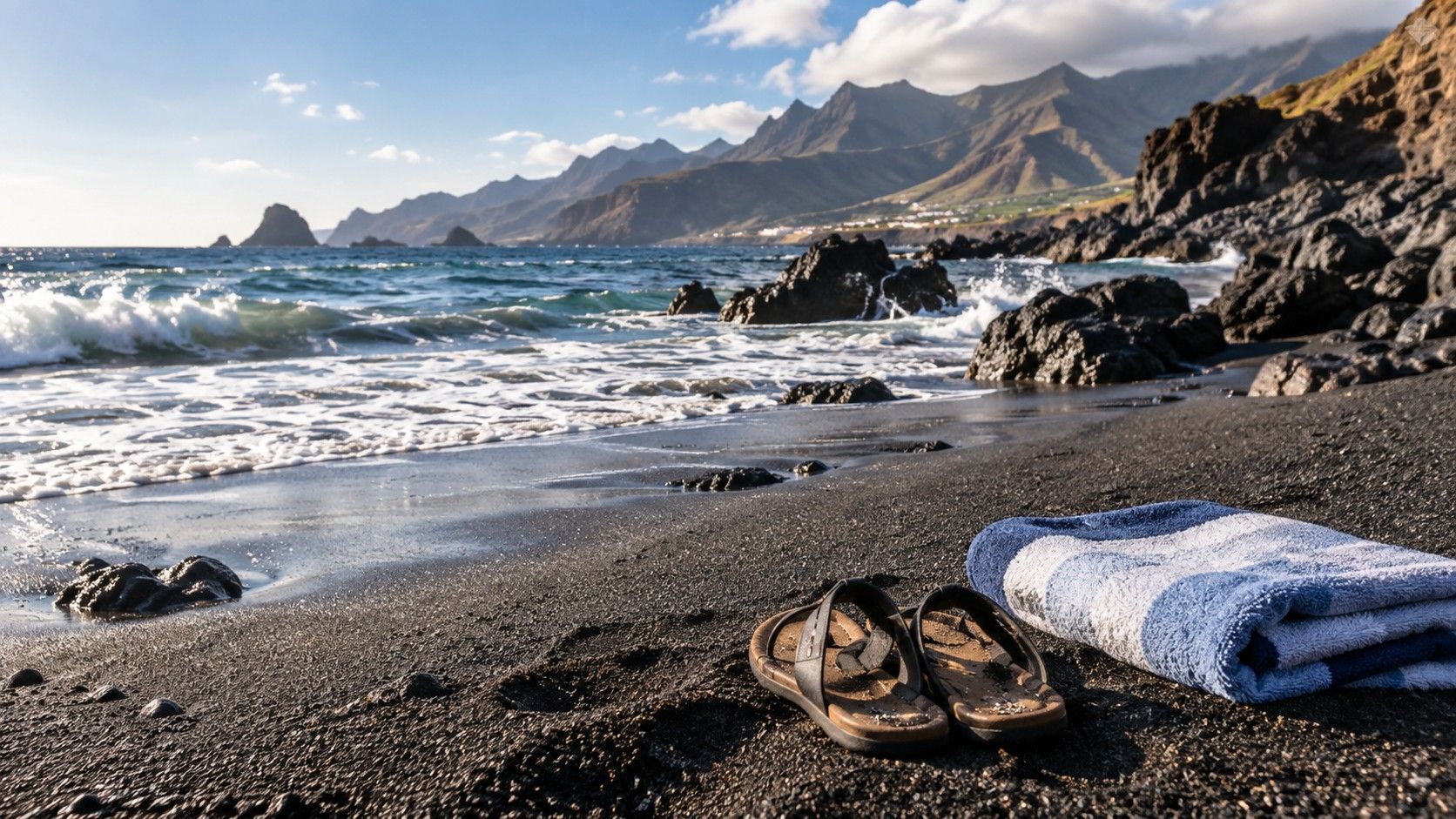 Dark volcanic sand on a Tenerife beach